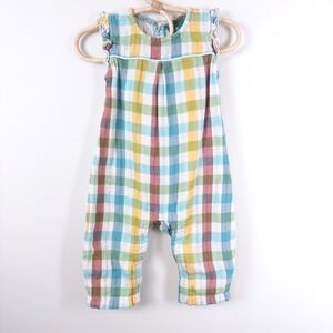 Little Green Radicals Romper Kids 9-12M Multicolor Plaid Muslin Jumpsuit